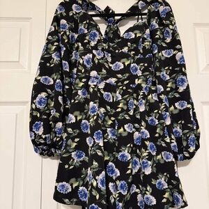 Floral Black romper with Blue and Green Accents